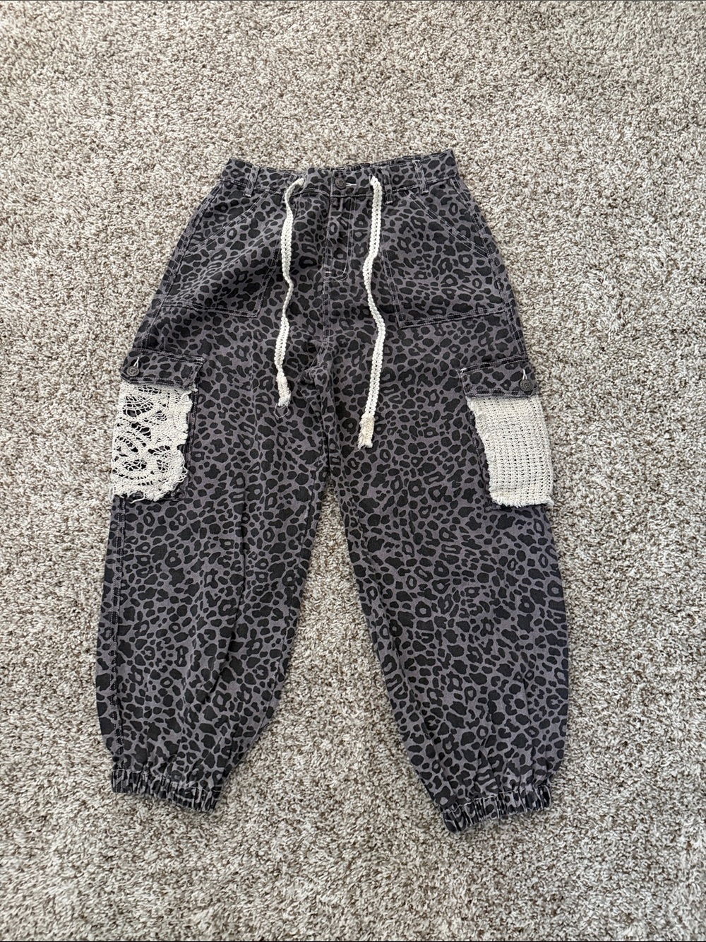 POL Gray Leopard Print Cargo Joggers with Crochet Pockets